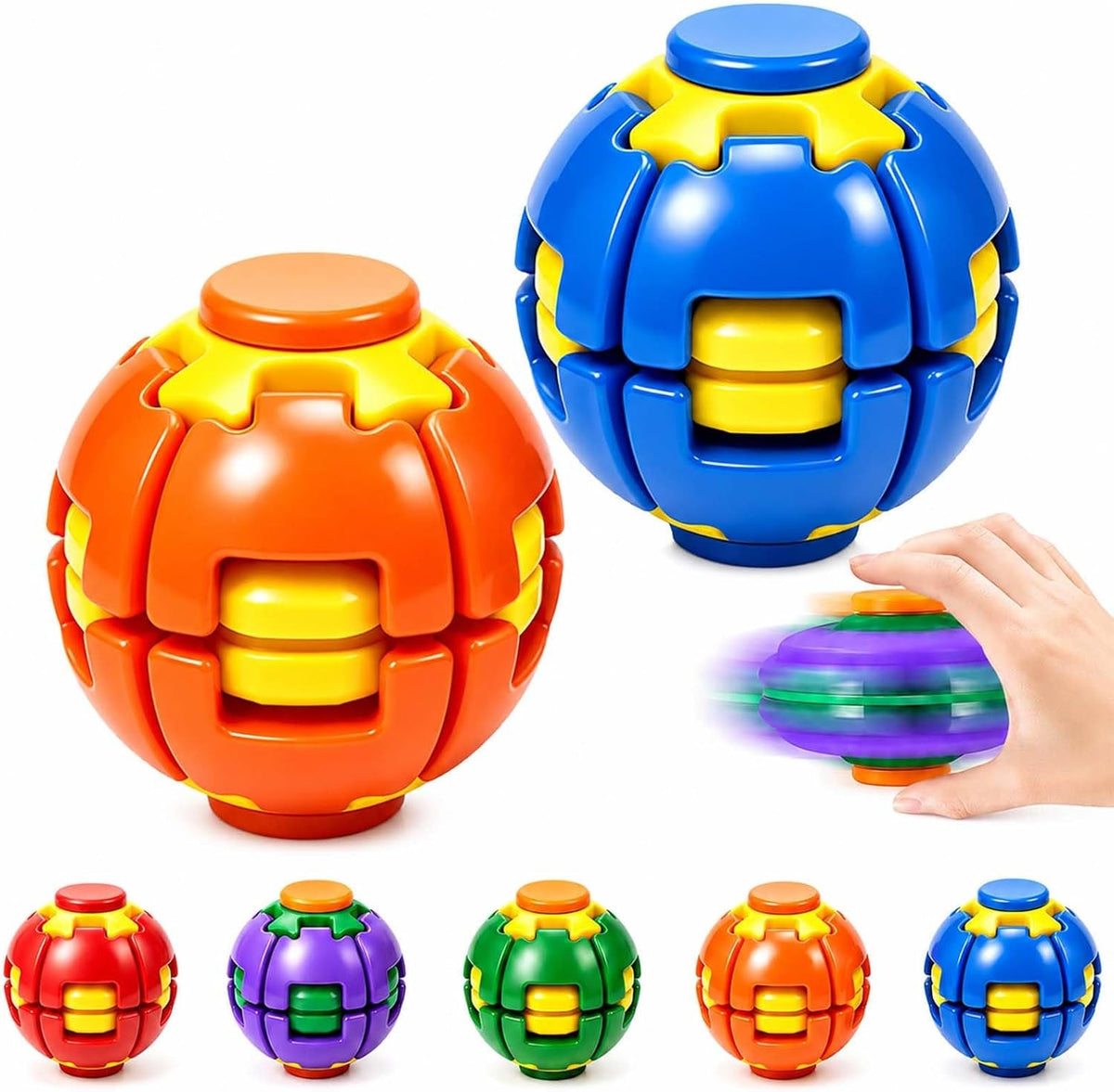 2 Pack Press to Spin Fidget Balls, 3D Printed Fidget Spinner Stress Balls | 360° Rotating Hard Kinetic Design, Sensory Desk Toys for Stress Relief, Focus and Handheld Play at Work, Home or Travel