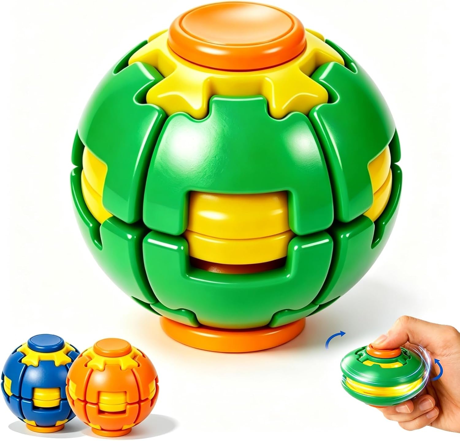 3D Printed Press to Spin Fidget Ball, 360° Rotation Press & Rotate Sensory Toy, Quiet Stress Relief Desk Spinner for Adults Teens Students ADHD Anxiety Relief, Portable(Green
