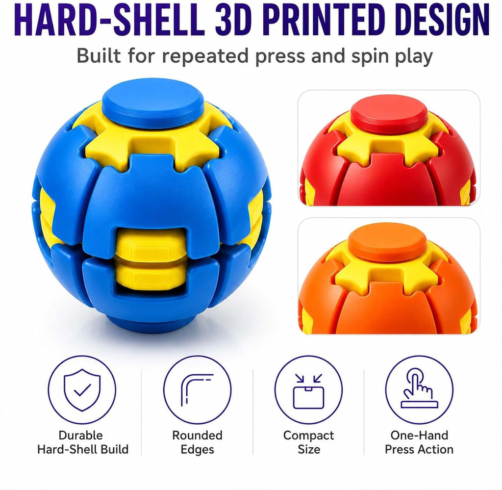 2 Pack Press to Spin Fidget Balls, 3D Printed Fidget Spinner Stress Balls | 360° Rotating Hard Kinetic Design, Sensory Desk Toys for Stress Relief, Focus and Handheld Play at Work, Home or Travel