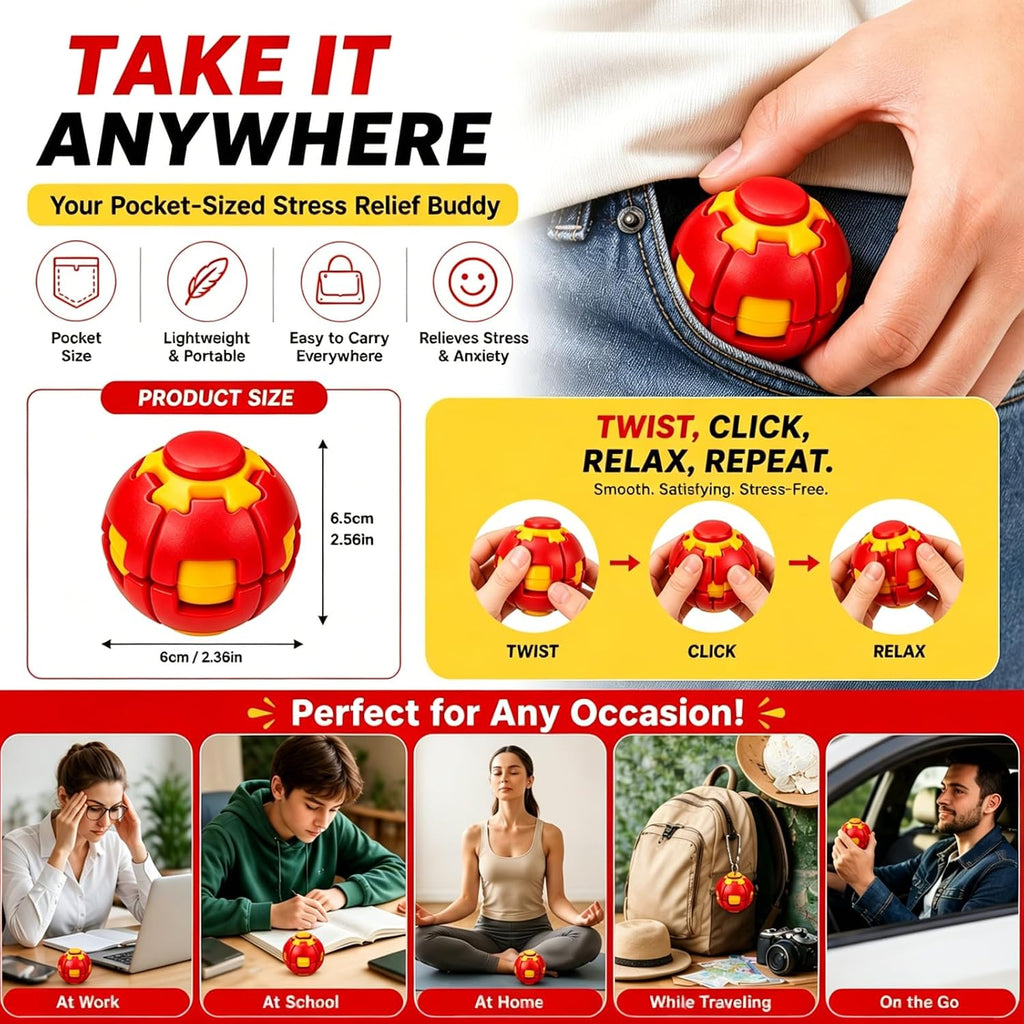 3D Rotating Ball,Press to Spin Stress Relief Fidget Ball,3D Printed Fidget Ball (Red)