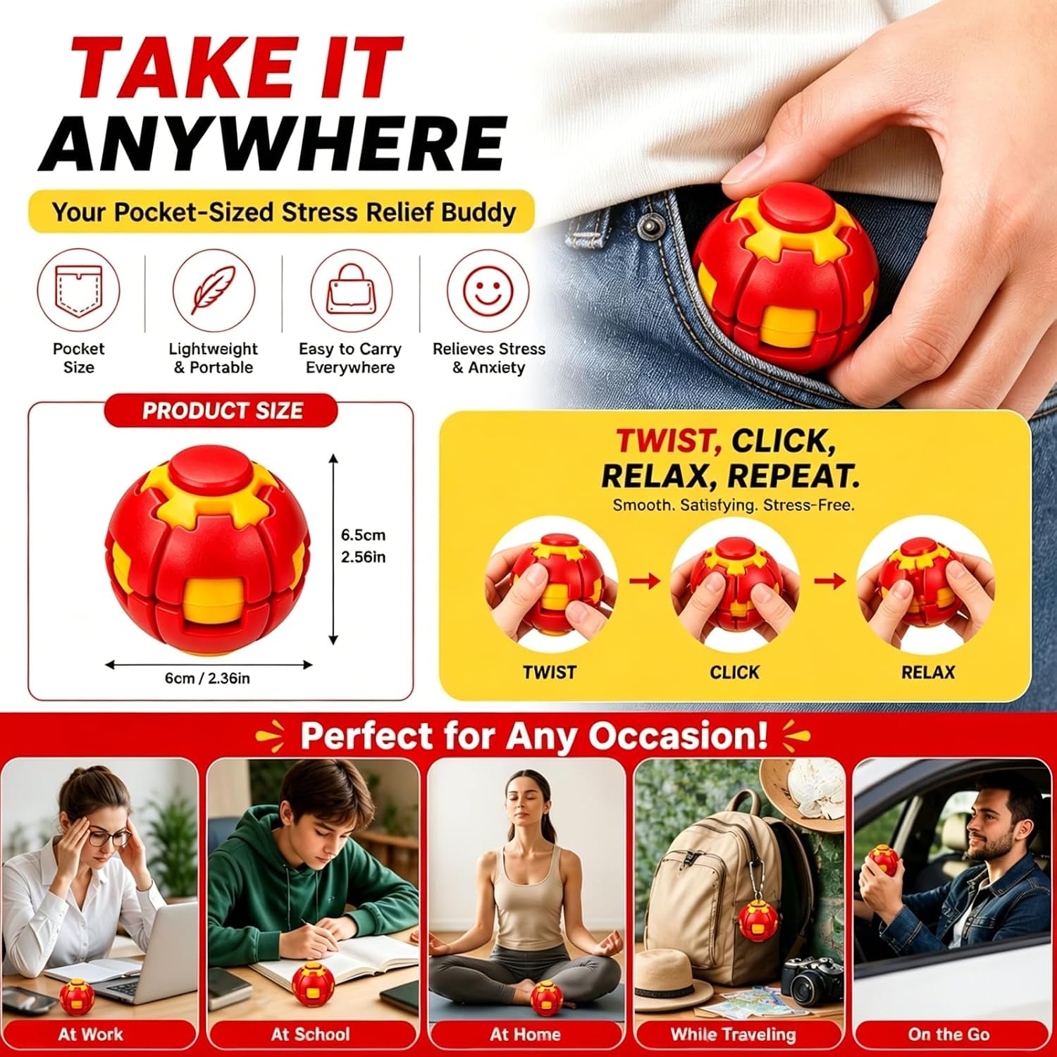 3D Rotating Ball,Press to Spin Stress Relief Fidget Ball,3D Printed Fidget Ball (Red)