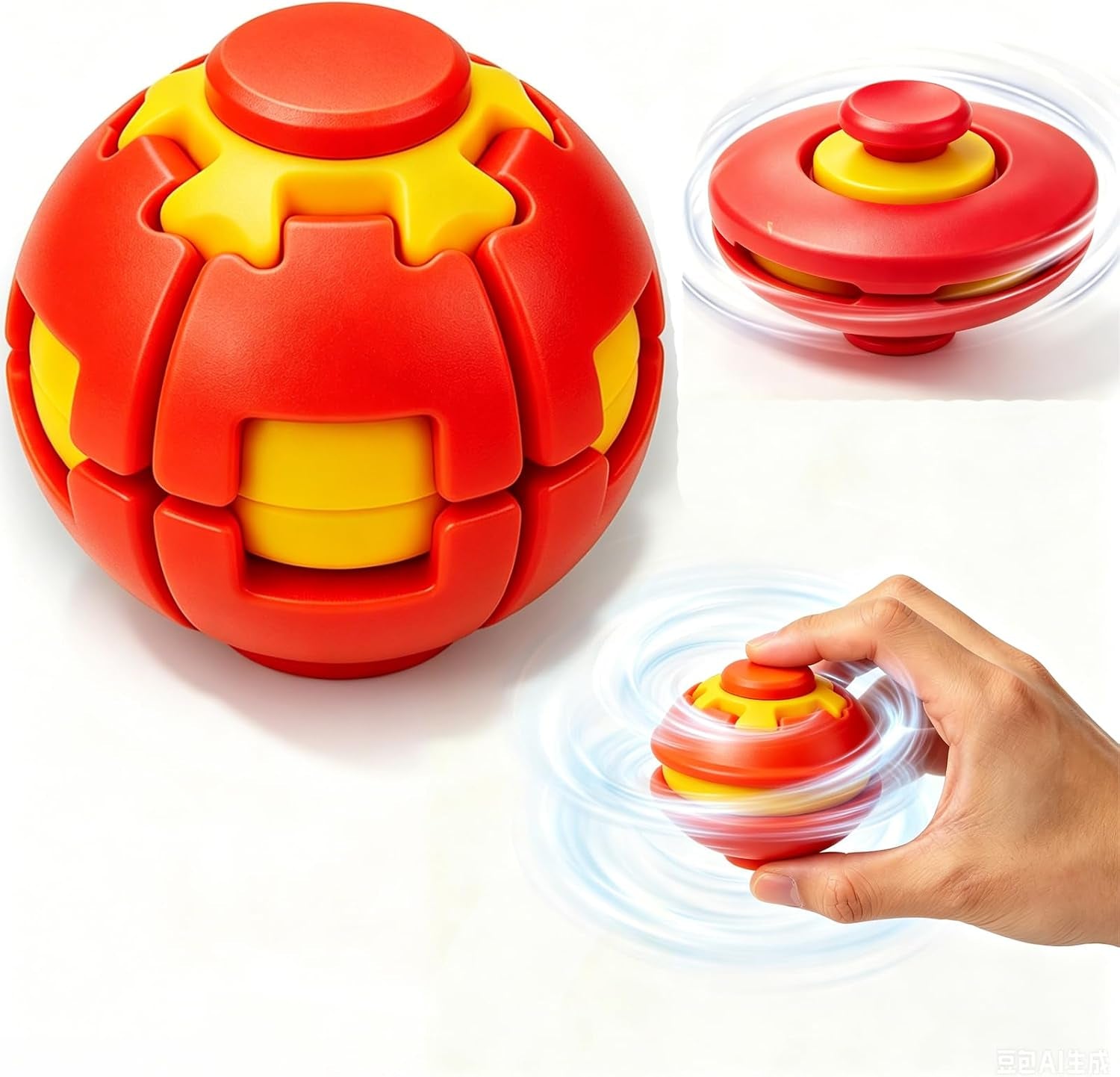 3D Rotating Ball,Press to Spin Stress Relief Fidget Ball,3D Printed Fidget Ball (Red)