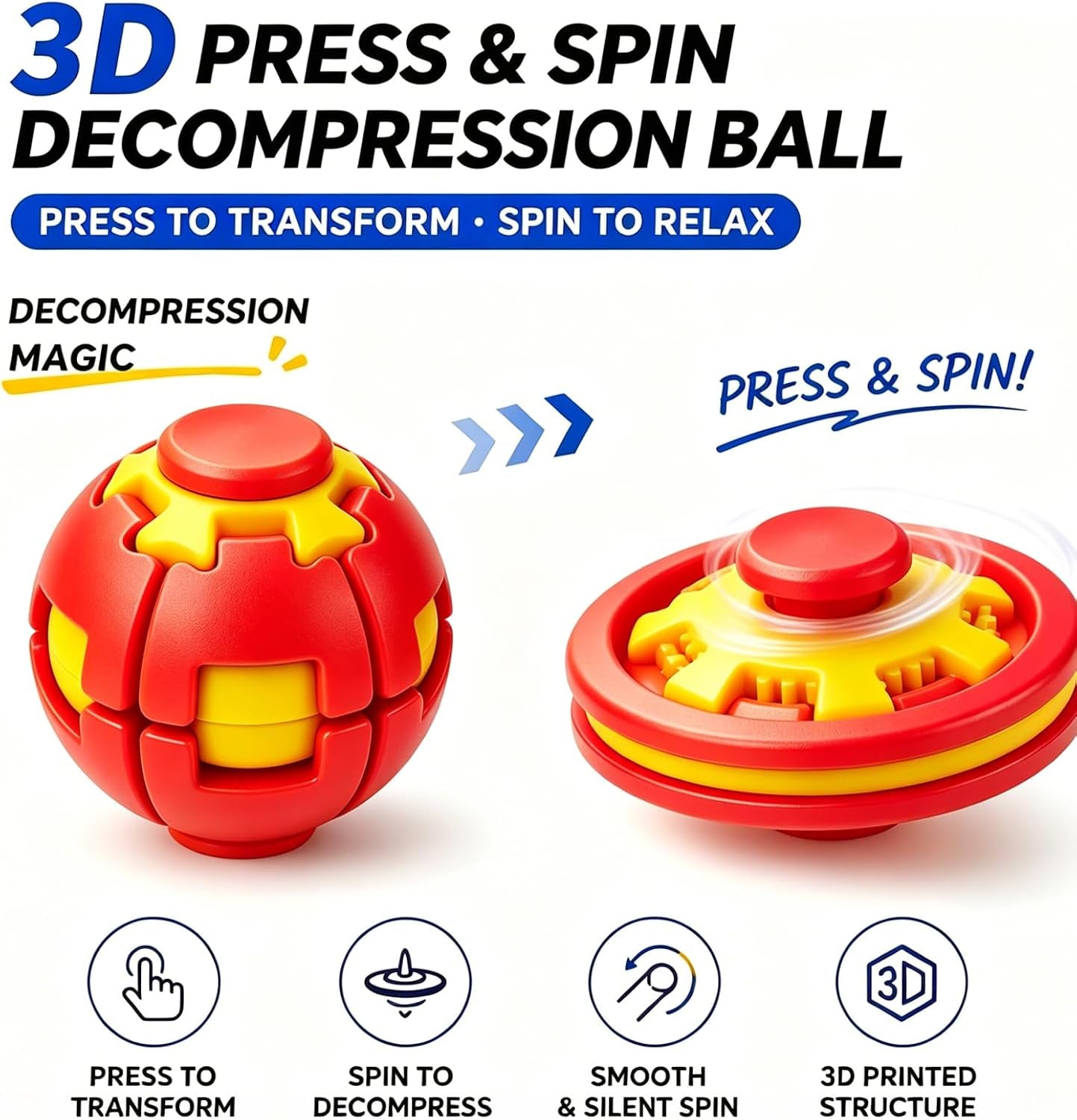 3D Rotating Ball,Press to Spin Stress Relief Fidget Ball,3D Printed Fidget Ball (Red)