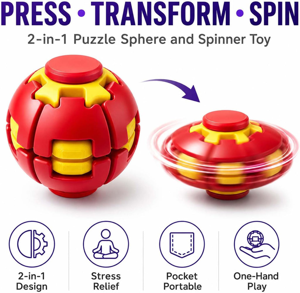 2 Pack Press to Spin Fidget Balls, 3D Printed Fidget Spinner Stress Balls | 360° Rotating Hard Kinetic Design, Sensory Desk Toys for Stress Relief, Focus and Handheld Play at Work, Home or Travel