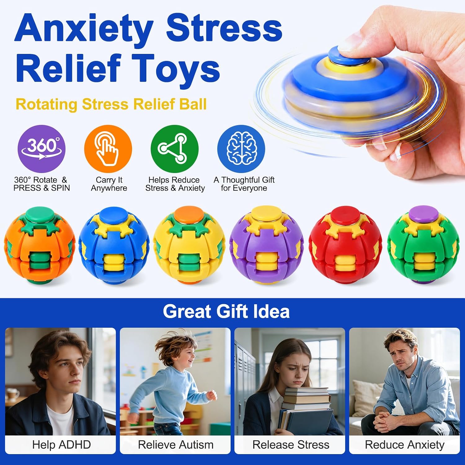 Press to Spin Fidget Spinner Helix Core Rotating Stress Ball, Sensory Fidget Toys for Adults Teens Boy Girl Gifts Anxiety Stress Relief Fidgets Office Desk Toy for Autism ADHD Helixcore Fidget Ball
