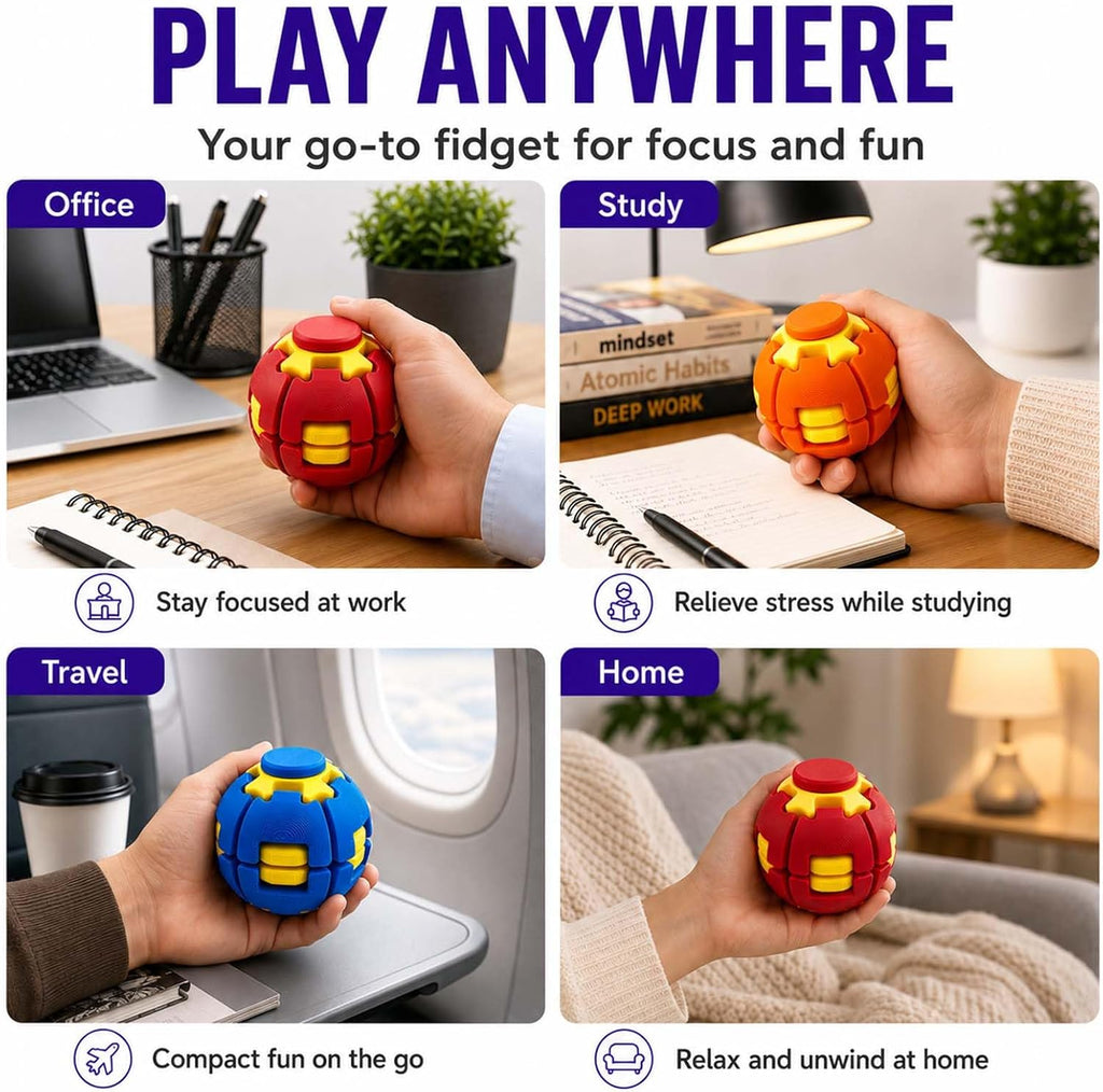 2 Pack Press to Spin Fidget Balls, 3D Printed Fidget Spinner Stress Balls | 360° Rotating Hard Kinetic Design, Sensory Desk Toys for Stress Relief, Focus and Handheld Play at Work, Home or Travel