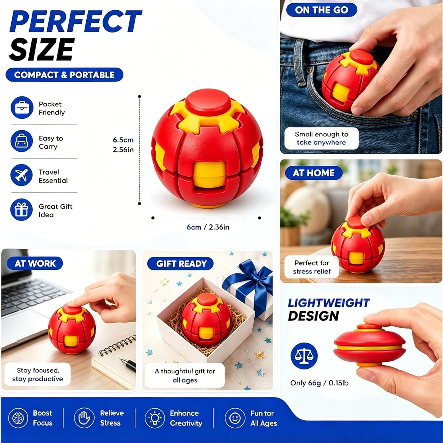 3D Rotating Ball,Press to Spin Stress Relief Fidget Ball,3D Printed Fidget Ball (Red)