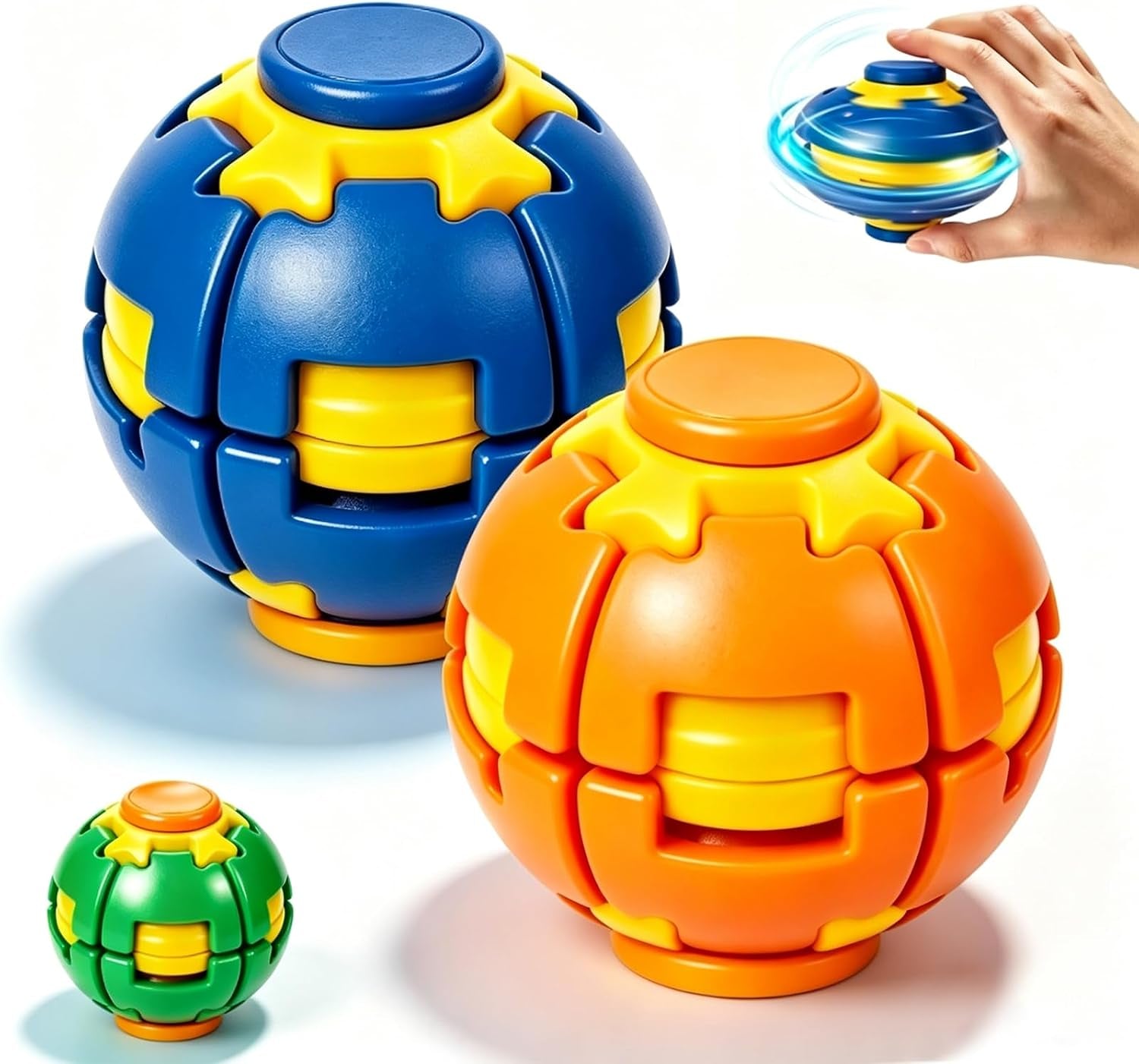 2 Pack 3D Printed Press to Spin Fidget Ball, 360° Rotation Press Rotate | Sensory Toy, Quiet Stress Relief Desk Spinner for Adults Teens Students ADHD Anxiety Relief, Portable (Blue + Orange)