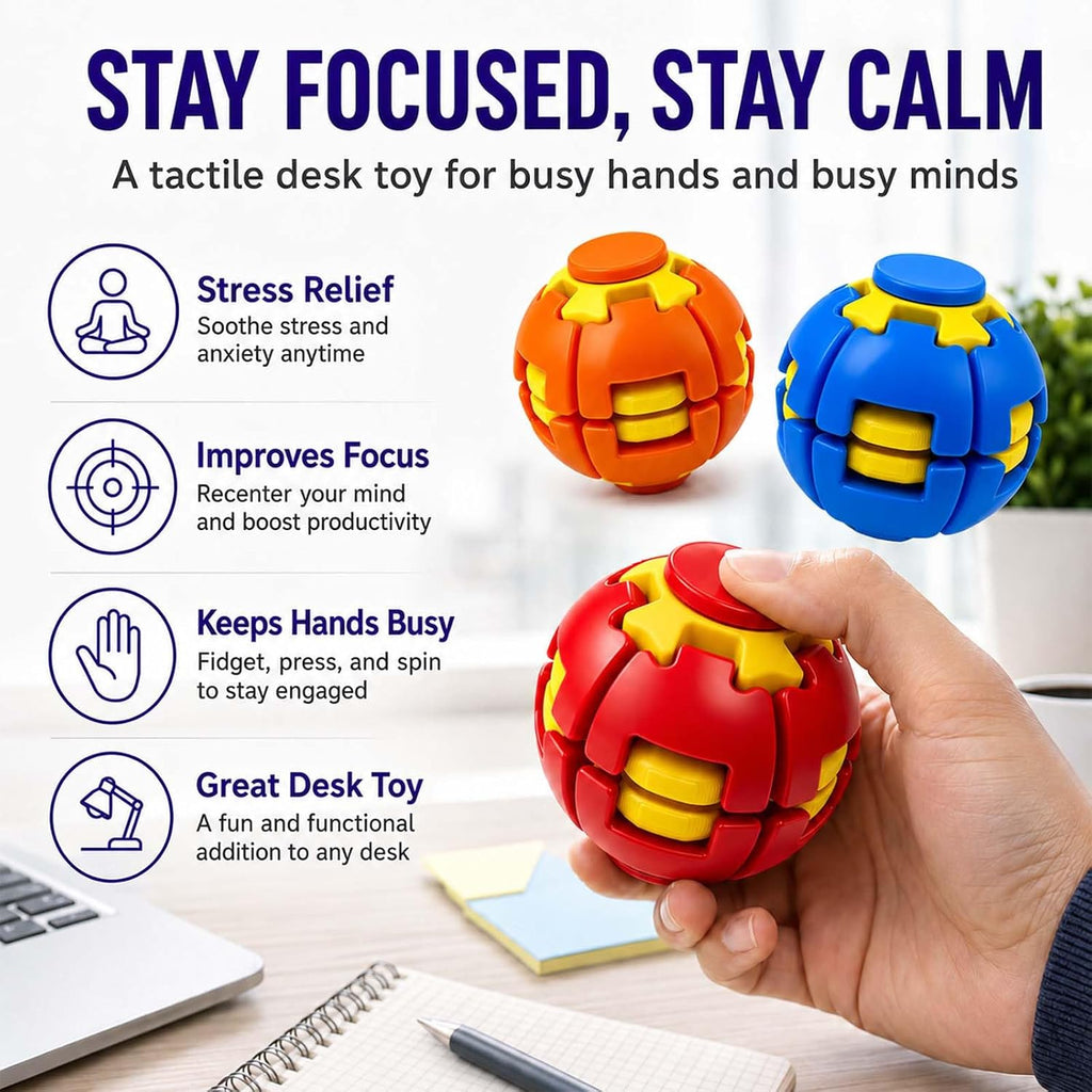 2 Pack Press to Spin Fidget Balls, 3D Printed Fidget Spinner Stress Balls | 360° Rotating Hard Kinetic Design, Sensory Desk Toys for Stress Relief, Focus and Handheld Play at Work, Home or Travel