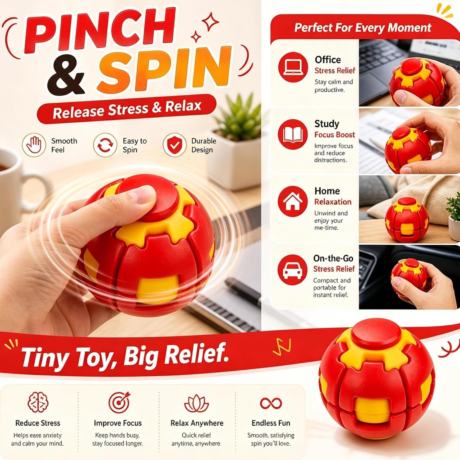 3D Rotating Ball,Press to Spin Stress Relief Fidget Ball,3D Printed Fidget Ball (Red)