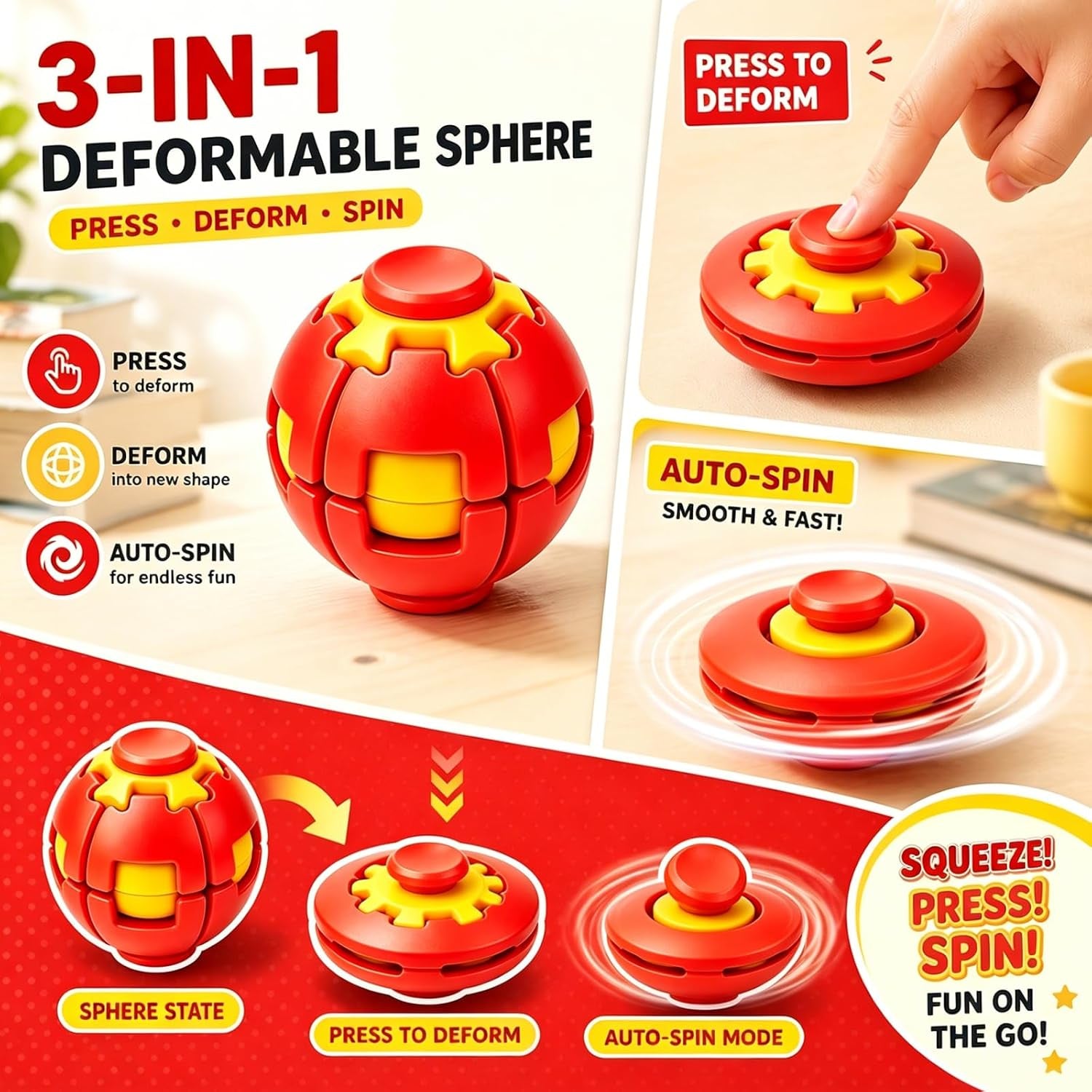3D Rotating Ball,Press to Spin Stress Relief Fidget Ball,3D Printed Fidget Ball (Red)
